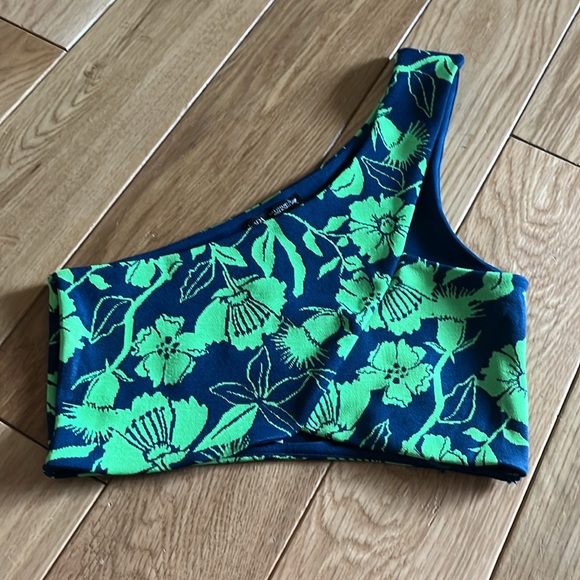 ZARA Jacquard top with asymmetric neckline and strap Blue Green Crop Top Large - Picture 3 of 15